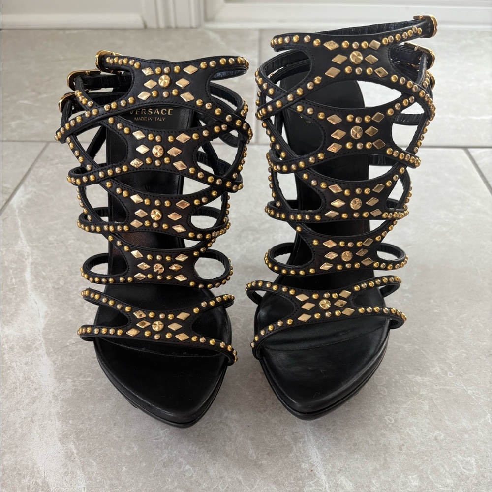 Versace Black Heels with Gold Studs - Picture 2 of 8